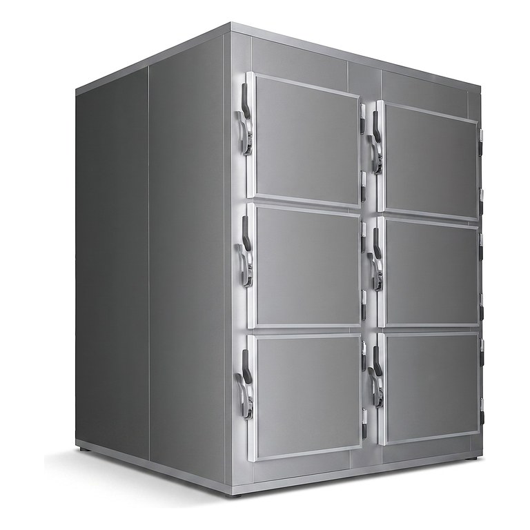Mortuary Refrigerator — Six Cells, six doors in two columns of three, stainless steel body, three-quarter studio view